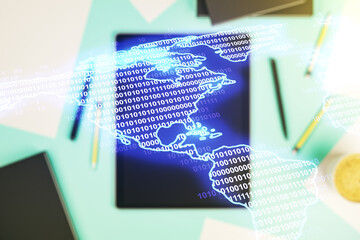 Poster - Double exposure of graphic America map and modern digital tablet on background, big data and digital technology concept