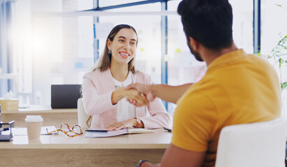 Canvas Print - Laughing, business people and handshake for partnership, deal or introduction in workplace. Funny, man and woman shaking hands for agreement, b2b or onboarding, congratulations or welcome to company.