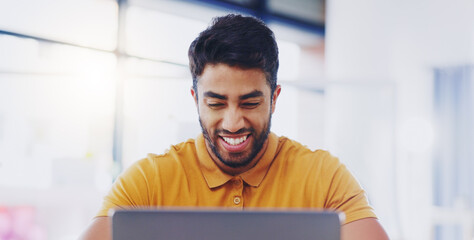 Wall Mural - Business man, computer and thinking of idea in office or reading email, internet or notification. Face of happy indian entrepreneur person with technology for communication, good feedback or website