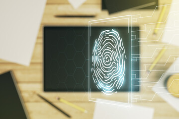 Poster - Double exposure of abstract creative fingerprint hologram and modern digital tablet on background, protection of personal information concept