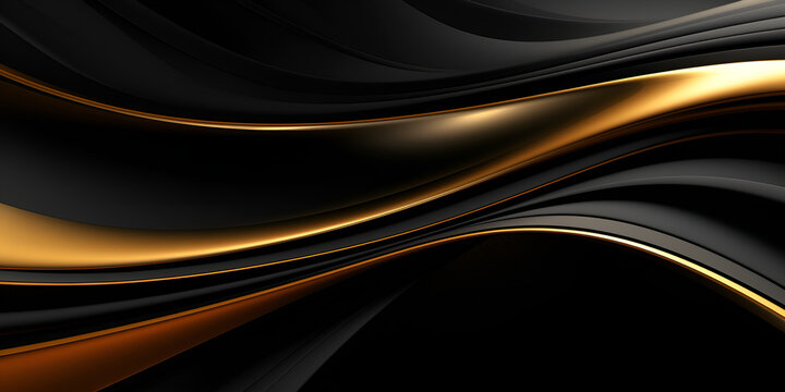 Black Gold Background, 
Black luxury background with golden ribbon elements and glitter light effect decoration, generative AI