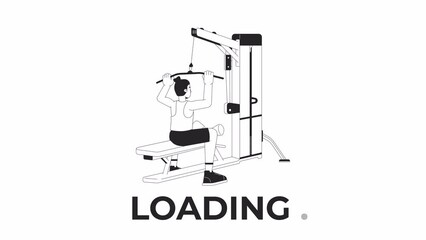 Poster - Muscle building with lat pulldown machine bw loading animation. Man dragging bar down outline 2D cartoon character 4K video loader motion graphic. Exercises animated gif isolated on white background