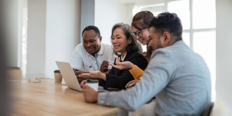 Wall Mural - Group businesspeople diverse ethnicity on analysis financial data report paper on meeting table discussion to plan for data analysis at office concept diversity ethnicity