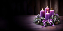 Christmas Banner, Copy Space. Advent Wreath With Purple Candles