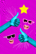 Leinwandbild Motiv Vertical collage of faceless people wear sunglass laughing mouth blue hands thumbs up like symbol isolated on pink illusion background