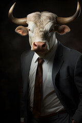 Studio portrait of angry bull in suit, white shirt and tie