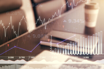 Abstract creative financial graph on modern laptop background, forex and investment concept. Multiexposure