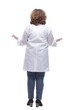 © ASDF - rear view. female doctor looking reading an ad on a white screen.