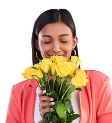 Sticker - Gift, smell and happy woman with flowers isolated on transparent png background. Smile, model or girl with floral spring rose bouquet as present for celebration of love, romance and gratitude reward.