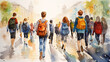 © kichigin19 - watercolor painting drawing a group of friends  school children go back to school view from the back with backpacks