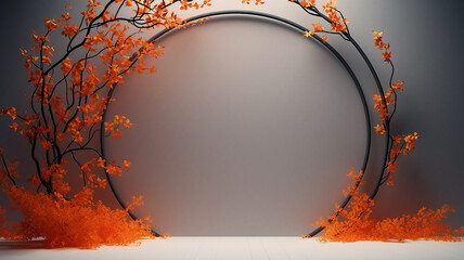 Wall Mural - round arch, frame of branches and leaves autumn theme on a dark background, presentation of a new pr