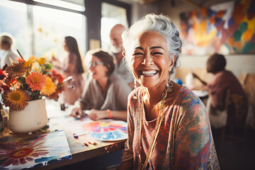 Elderly residents in an art therapy session at their nursing home.