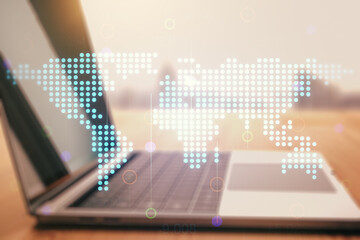 Aufkleber - Double exposure of abstract digital world map on computer background, big data and blockchain concept