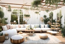 Design A 3D-rendered Scene Of A Gender-neutral Garden Party In A Bohemian Style For Twins' Baby Shower. Highlight A Beautiful Canopy Bed Draped With Sheer Fabrics And Soft Cushions Amidst A Garden Fil