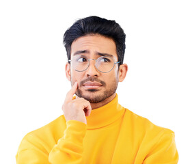 Aufkleber - Thinking, why and man confused with a question, faq or decision for problem solving on isolated, transparent or png background. Person, remember and unsure about memory, ideas or solution to mistake