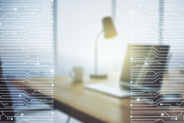 Poster - Creative abstract micro chip hologram on modern computer background, artificial intelligence and machine learning concept. Multi exposure