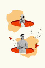Aufkleber - Creative collage two young friends send sms each other remote communicating texting distance relationship isolated on painting background