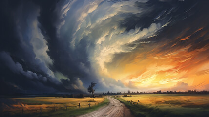 Wall Mural - drawing of a tornado on the road in a field sunset colors.