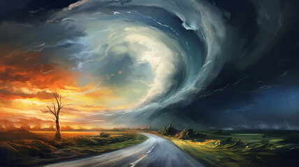 Wall Mural - drawing of a tornado on the road in a field sunset colors.