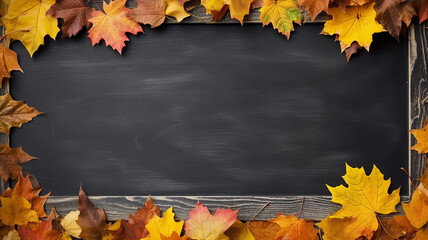 Wall Mural - background frame school chalkboard black framed with yellow autumn leaves.