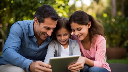 happiness joyful summertime moment family stay together using tablet technology device wath straming online movie entertain program while relax at park garden outdoor