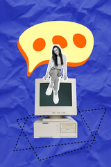 Aufkleber - Magazine collage of young lady sit on huge retro monitor computer user messenger notification chat app isolated over blue drawn background