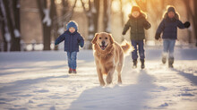 Happy Family Running Their Pet Golden Retriever In The Winter Park. Generative Ai