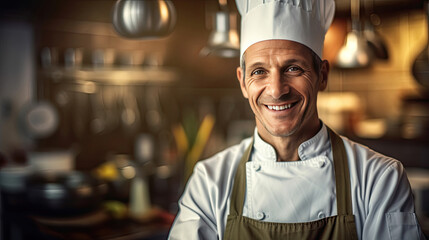 Portrait of A smiling male chef with hands crossed in the kitchen. Generative Ai