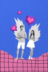 Aufkleber - Vertical collage of two cheerful happy black white effect people use smart phone like notification isolated on painted blue pink background