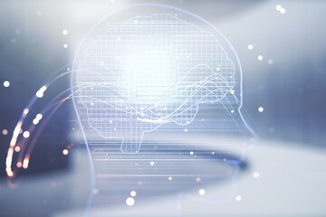 Poster - Double exposure of creative artificial Intelligence hologram on empty modern office background. Neural networks and machine learning concept