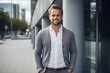 © Anne-Marie Albrecht - Portrait of a happy Polish man in his 30s wearing a chic cardigan against a modern architectural background