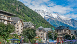 Fototapeta  - Panorama of the alpine resort town of Saint-Gervais, France.