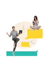 Aufkleber - Picture collage image of happy man rejoice receive letter answer beautiful charming girl romantic feelings couple together concept