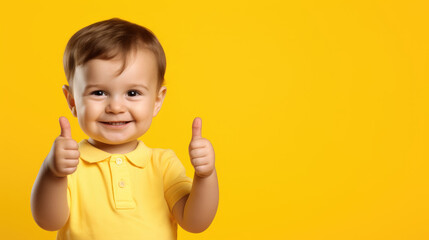 a toddler giving a thumbs up on yellow background