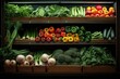Supermarket has a wide aisle full of fruit and vegetables, bright lighting from bulbs. Generative AI
