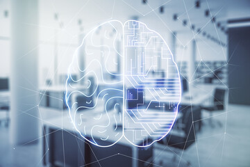 Aufkleber - Virtual creative artificial Intelligence hologram with human brain sketch on a modern furnished classroom background. Double exposure