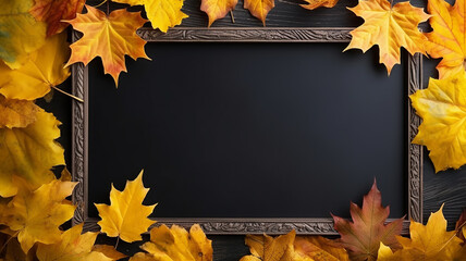 Wall Mural - background frame school chalkboard black framed with yellow autumn leaves.