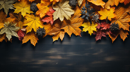 Wall Mural - background frame school chalkboard black framed with yellow autumn leaves.