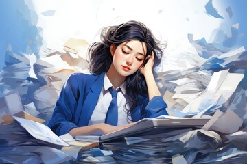 someone is tired of working and falls asleep on a pile of books, this woman shows a tired expression