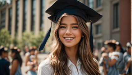 Wall Mural - Girl in a bachelor's cap, happy, smiling, against the background of the university