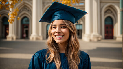 Wall Mural - Girl in a bachelor's cap, happy, smiling, against the background of the university