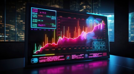 Wall Mural - Stock market growth graph, financial neon chart on screen in modern office