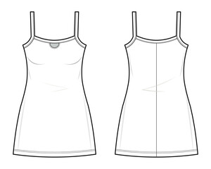 Wall Mural - Cami Mini Dress technical fashion illustration. Basic camisole Mini Dress with cute cut-out detailing vector template illustration. front and back view. slim fit. women's. CAD mockup set.