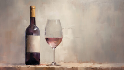 Wall Mural - a bottle of wine and a glass of classic oil painting.