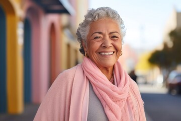 Wall Mural - medium shot portrait of a 100-year-old elderly Mexican woman wearing a chic cardigan against a pastel or soft colors background