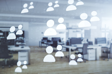 Aufkleber - Abstract virtual social network hologram on a modern furnished classroom background. Double exposure