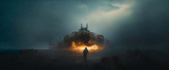Wall Mural - Man standing in front of exploding crushed spaceship laying on planet surface. High quality 4k footage