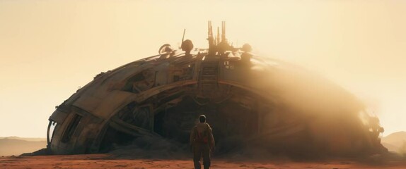 Wall Mural - Man standing in front of crushed spaceship laying on planet surface. High quality 4k footage