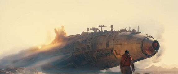 Wall Mural - Man standing in front of exploding crushed spaceship laying on planet surface. High quality 4k footage