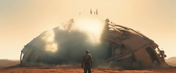 Wall Mural - Man standing in front of exploding crushed spaceship laying on planet surface. High quality 4k footage